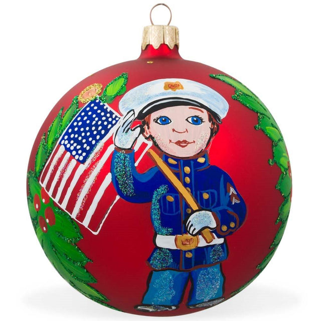 USA Marine with American Flag Blown Glass Ball Patriotic Christmas Ornament 4 Inches in Red color Round