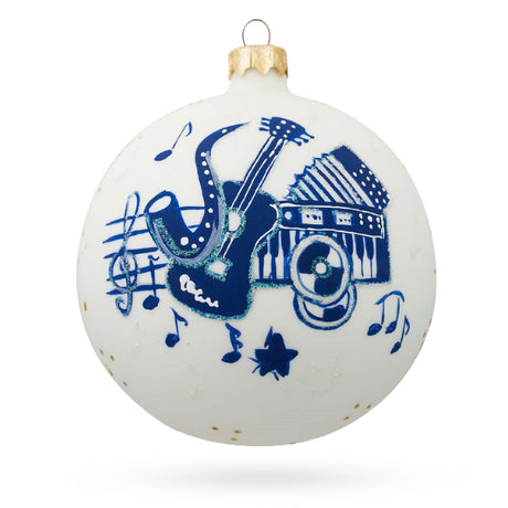 Harmonious Trio: Saxophone, Guitar, Piano Blown Glass Ball Christmas Music Ornament 4 Inches in White color, Round shape
