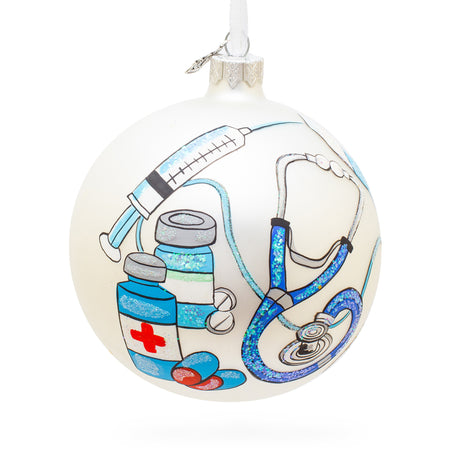 Glass Healing Hands: Compassionate Nurse or Doctor on Blown Glass Ball Christmas Ornament 4 Inches in White color Round
