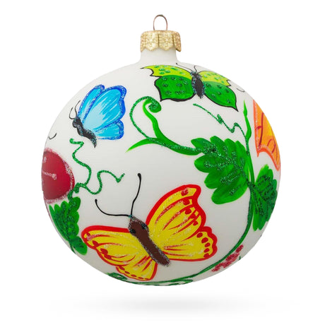 Glass Enchanted Garden: Delicate Butterflies on Blown Glass Ball Christmas Ornament 4 Inches in White color Round