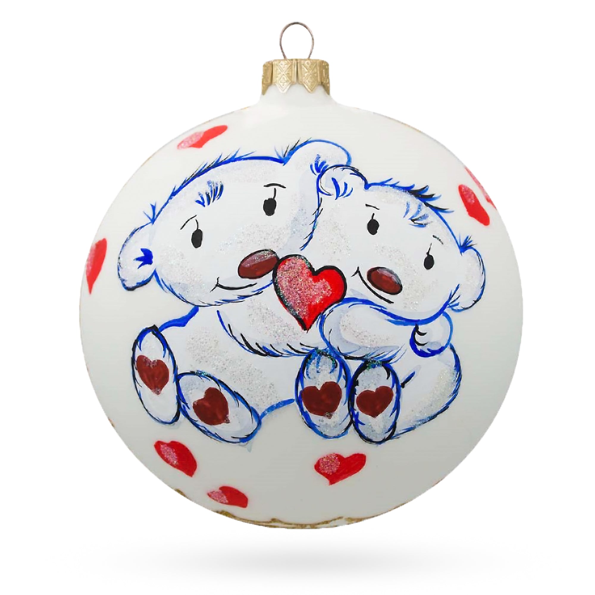 Two Bears in Love Glass Ball Christmas Ornament 4 Inches in White color Round