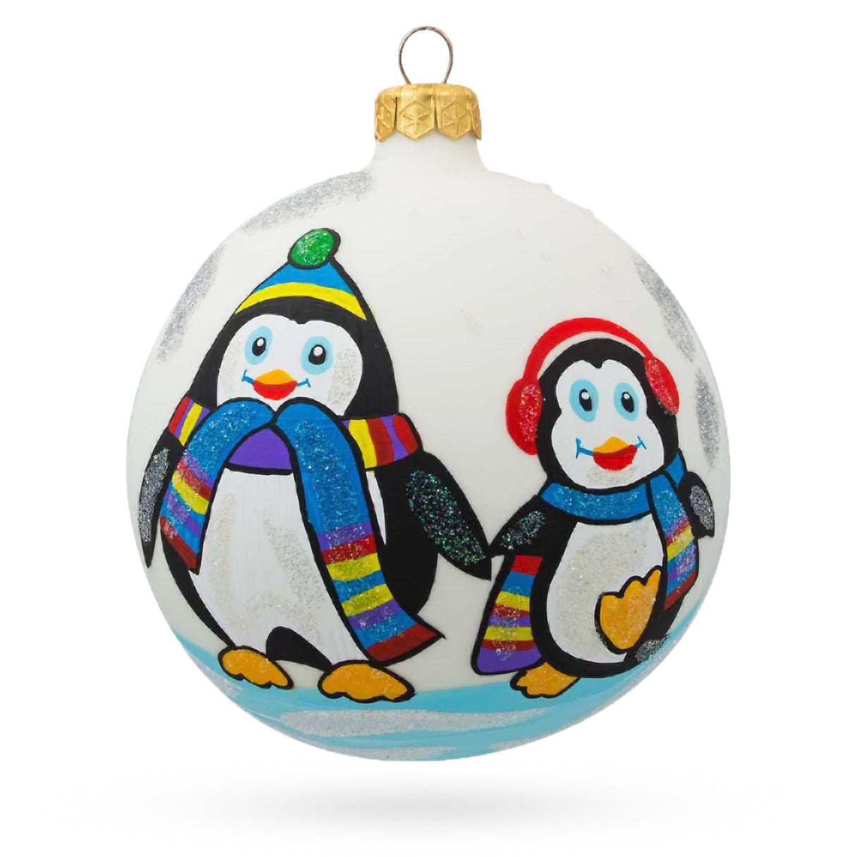 Lovebirds on Ice: Two Penguins Blown Glass Ball Christmas Ornament 4 Inches in Multi color, Round shape