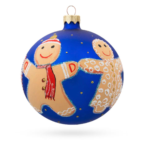 Delightful Gingerbread Family with Candy Cane Blown Glass Ball Christmas Ornament 4 Inches in Blue color, Round shape