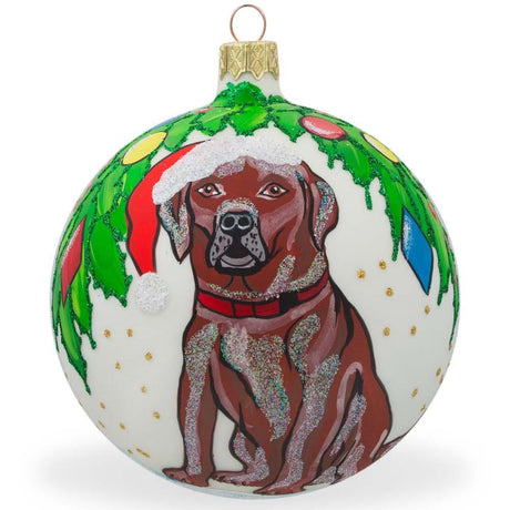 Chocolate Labrador in Festive Santa Hat Blown Glass Ball Christmas Ornament 4 Inches in White color, Round shape