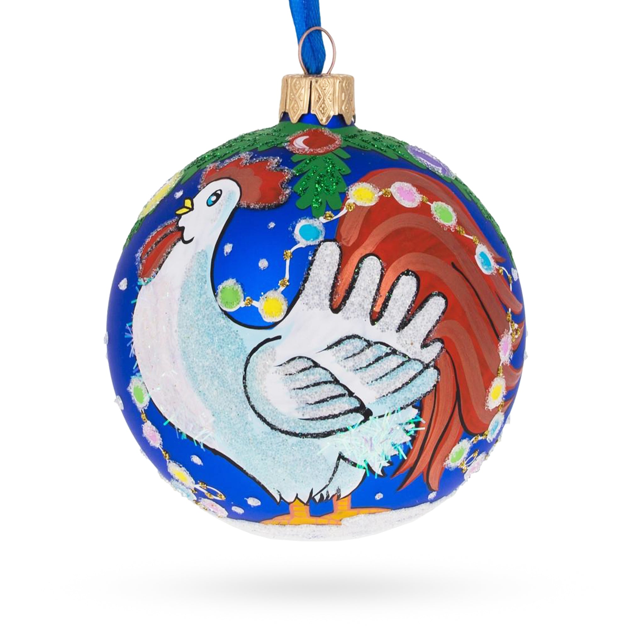 White Rooster Adorned with Holiday Lights Glass Ball Christmas Ornament 3.25 Inches in Multi color Round