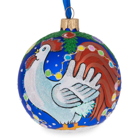 Festive White Rooster Adorned with Holiday Lights Blown Glass Ball Christmas Ornament 3.25 Inches in Multi color, Round shape