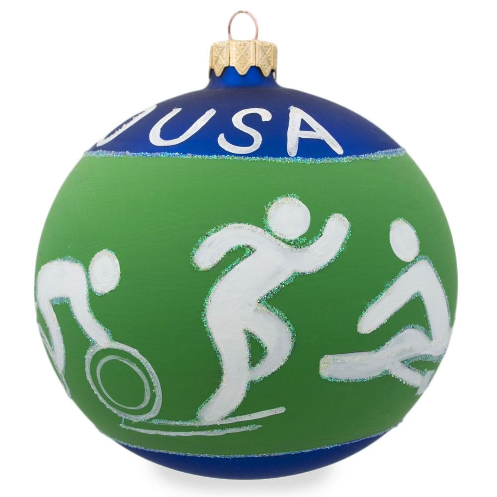 Olympic Glory: Swimming, Boxing, Biking, Track, Rowing Sports Collage Blown Glass Ball Christmas Ornament 4 Inches in Green color, Round shape