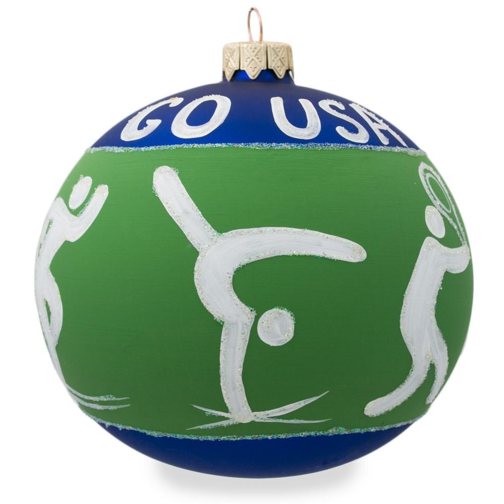 Glass USA Olympic Champions: Tennis, Gymnastics, Volleyball Blown Glass Ball Christmas Ornament 4 Inches in Green color Round