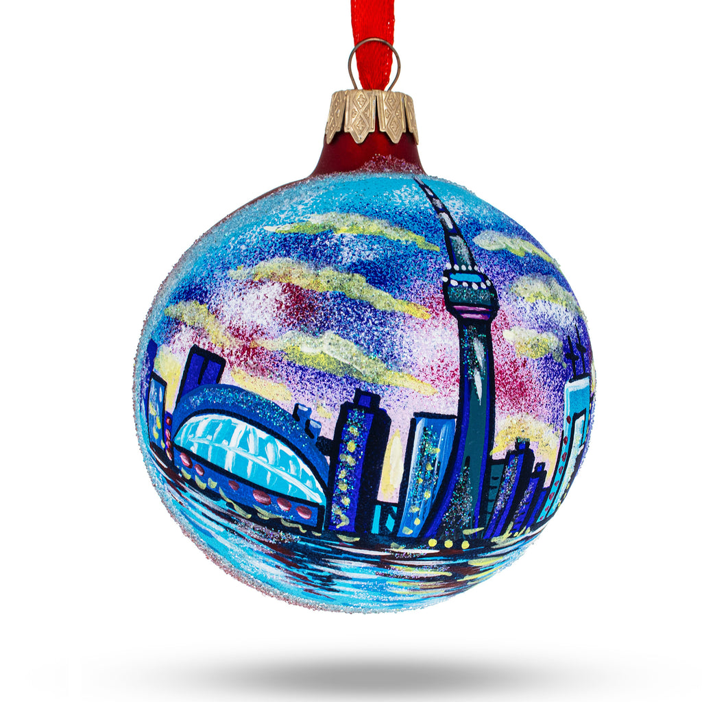 Glass CN Tower, Toronto, Canada Glass Ball Christmas Ornament 3.25 Inches in Red color Round