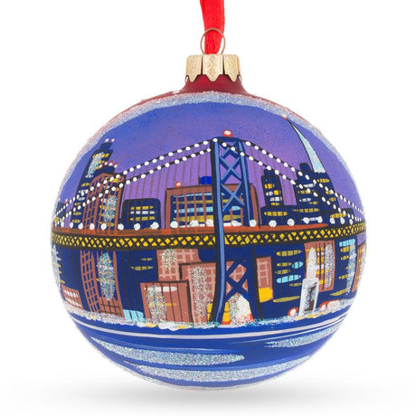 San Francisco Golden Gate Bridge Glass Christmas Ornament 4 Inches in Blue color, Round shape