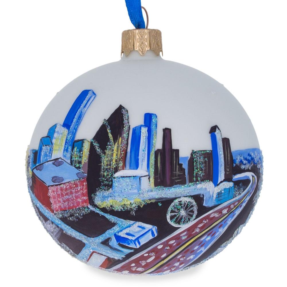 Houston, Texas Glass Ball Christmas Ornament 3.25 Inches in Blue color Round
