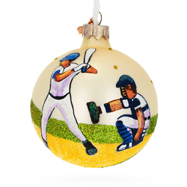 Grand Slam: Baseball Blown Glass Ball Christmas Ornament 3.25 Inches in Beige color, Round shape