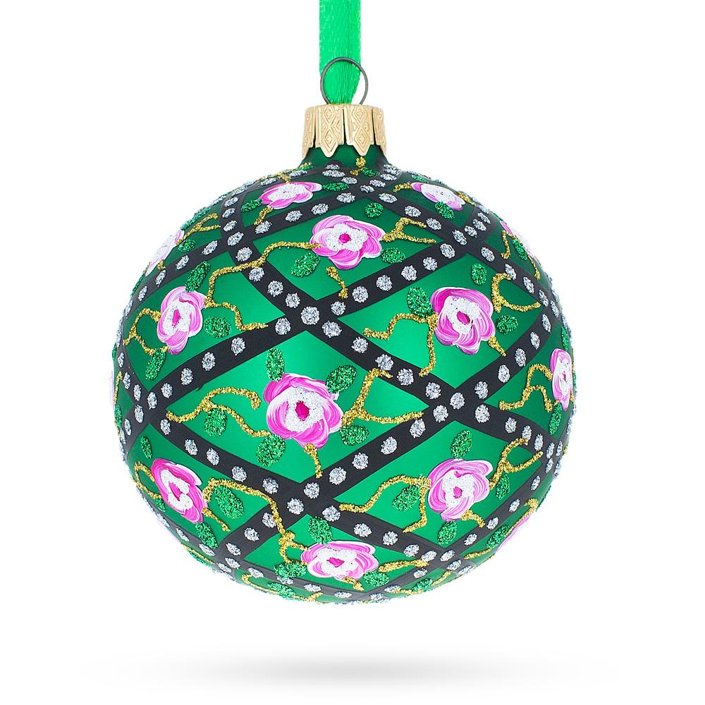 Elegant 1907 Rose Trellis Royal Egg Green - Blown Glass Ball Christmas Ornament 3.25 Inches in Green color, Round shape