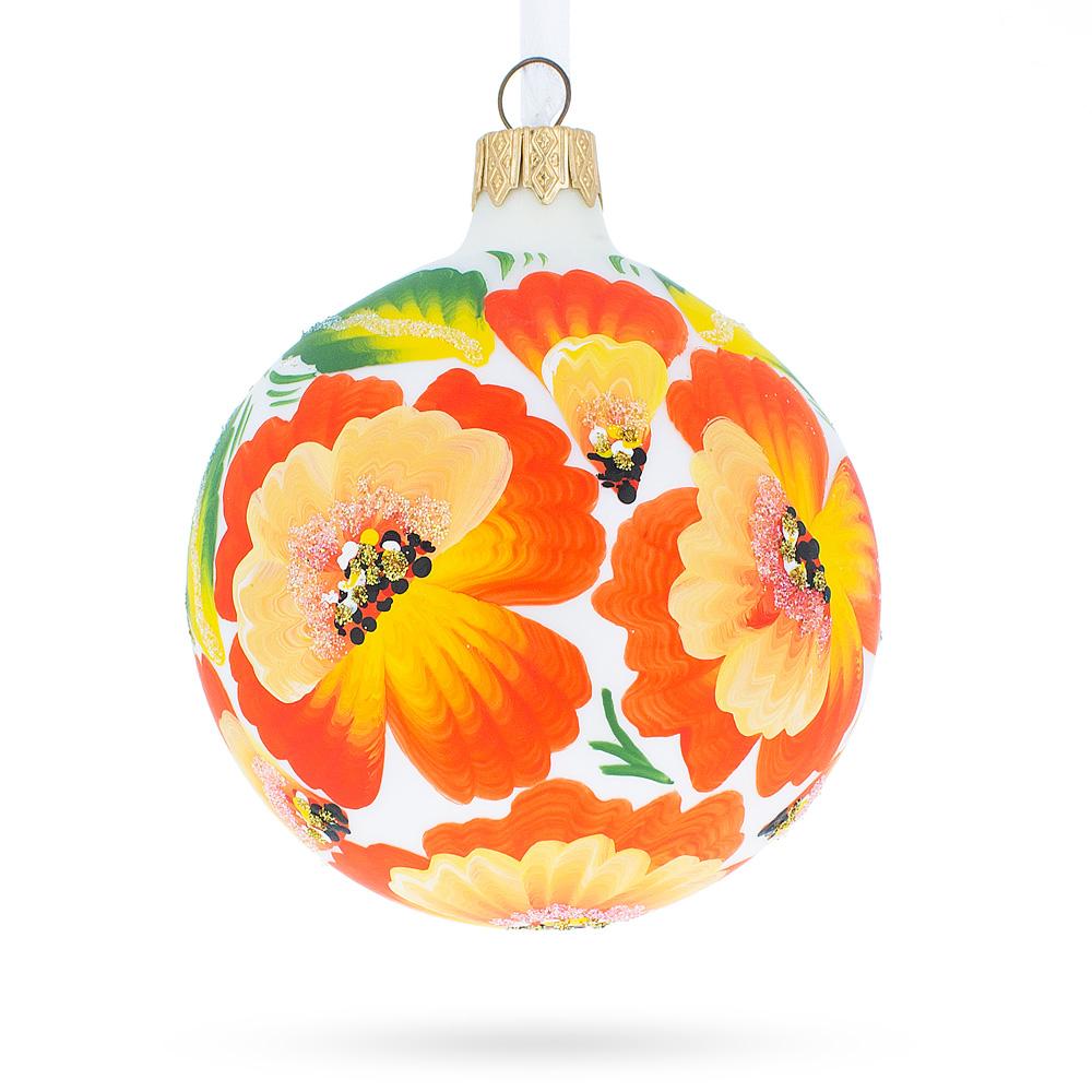 Glass Charming Poppy Flowers on White Blown Glass Ball Christmas Ornament, 3.25 Inches in Orange color Round