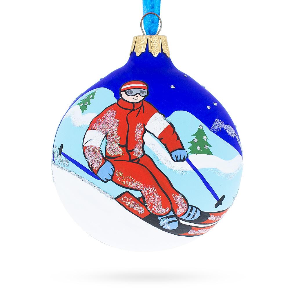 Glass Winter Wonderland Skiing Blue - Blown Glass Ball Christmas Ornament 3.25 Inches in Blue color Round