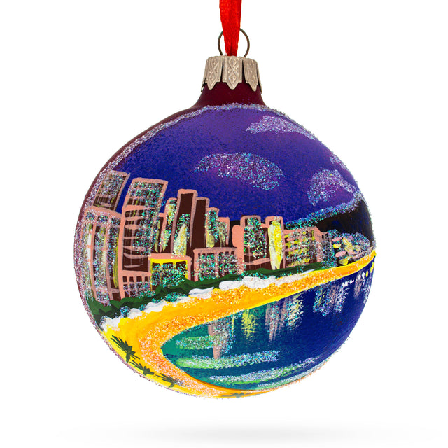 Glass Miami Beach, Florida Glass Ball Christmas Ornament 3.25 Inches in Red color Round