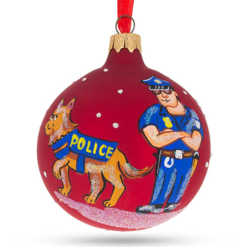 Guardians of the Night: Policeman & Canine Blown Glass Ball Christmas Ornament 3.25 Inches in Red color, Round shape