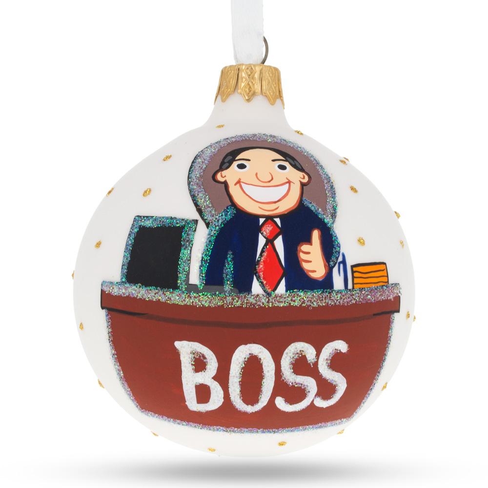 Cheerful Leader: Blown Glass Ball Boss Christmas Ornament 3.25 Inches in White color, Round shape