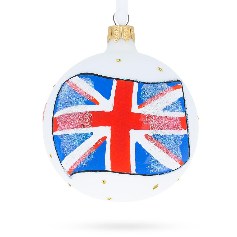 Union Jack: Flag of United Kingdom Blown Glass Ball Christmas Ornament 3.25 Inches in Multi color, Round shape