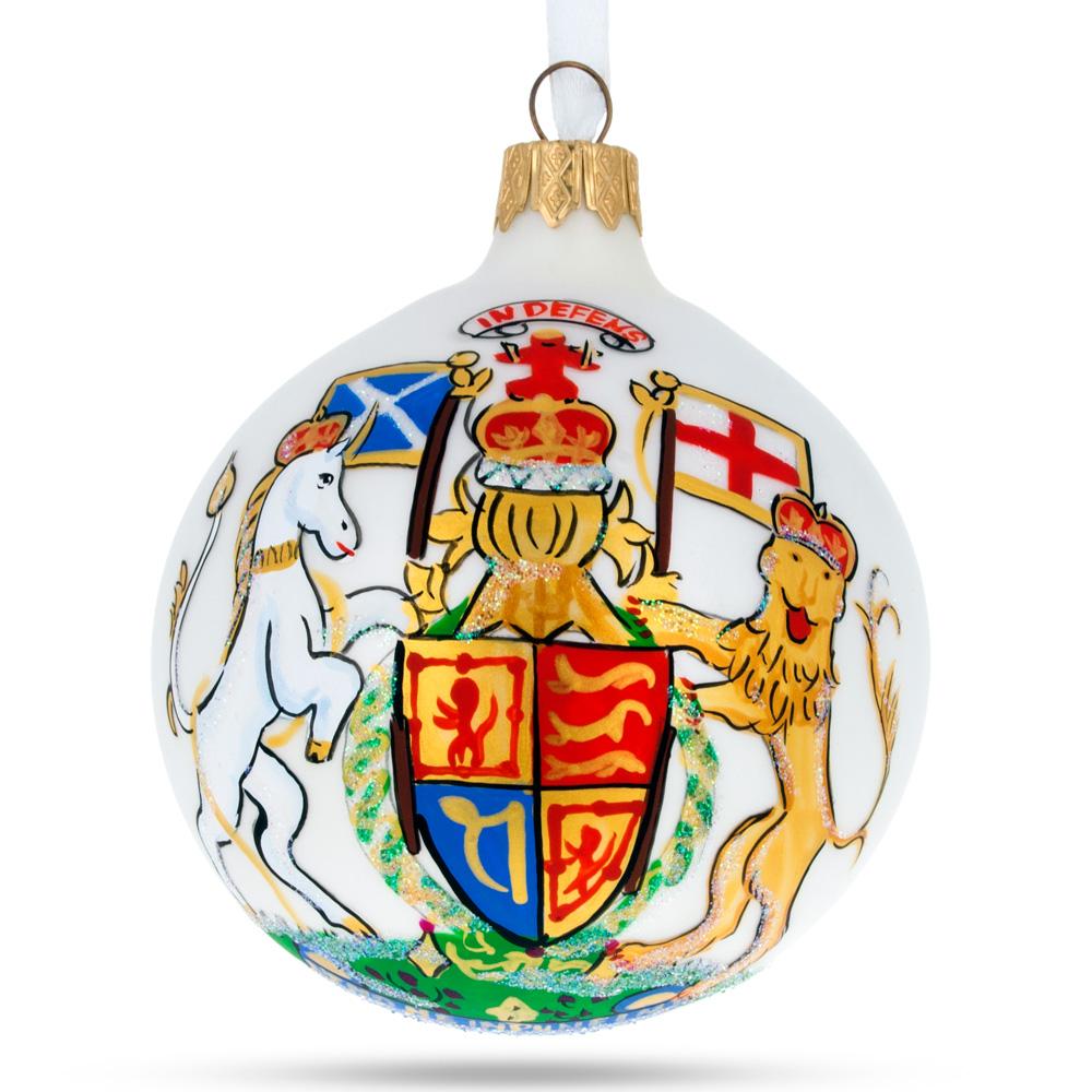 Royal Crest: Coat of Arms of United Kingdom Blown Glass Ball Christmas Ornament 3.25 Inches in Multi color, Round shape