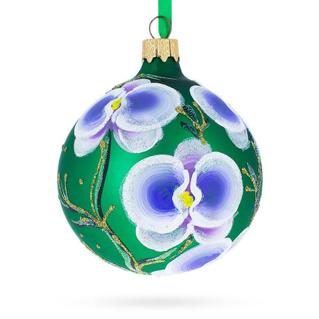 Glass Elegant Blue Orchids on Verdant Green Blown Glass Ball Christmas Ornament 3.25 Inches in Green color Round