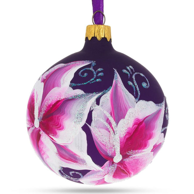 Glass Graceful Purple Lily Blossoms Blown Glass Ball Christmas Ornament 3.25 Inches in Purple color Round