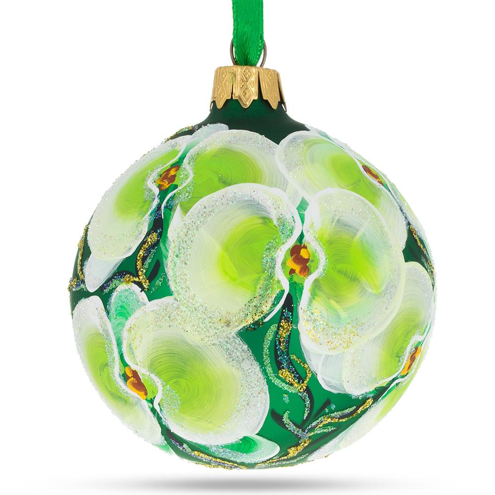 Tropical Green Orchid Elegance Blown Glass Ball Christmas Ornament 3.25 Inches in Green color, Round shape