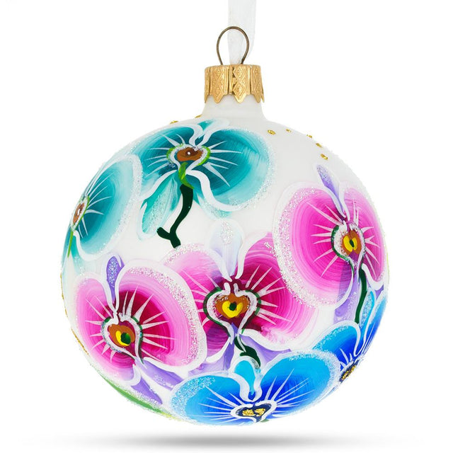 Vibrant Orchid Medley Blown Glass Ball Christmas Ornament 3.25 Inches in White color, Round shape