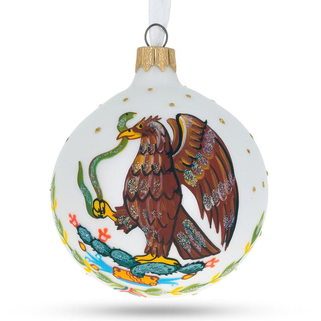 Exquisite Coat of Arms of Mexico Blown Glass Ball Christmas Ornament 3.25 Inches in White color, Round shape