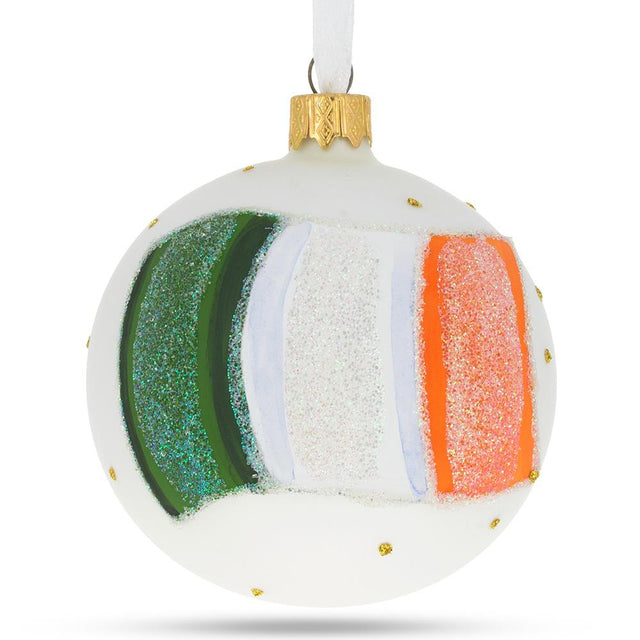 Celebrate Ireland: Flag Blown Glass Ball Christmas Ornament 3.25 Inches in White color, Round shape