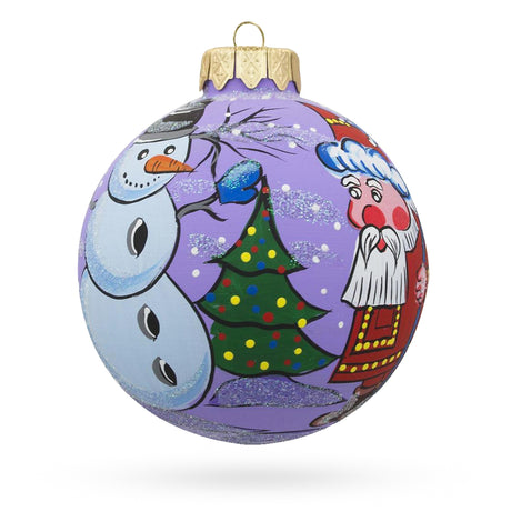 Santa, Snowman, and Christmas Tree Blown Glass Ball Ornament 3.25 Inches in Purple color Round