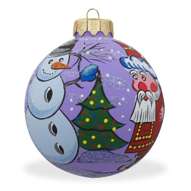 Festive Trio: Santa, Snowman, and Christmas Tree Blown Glass Ball Ornament 3.25 Inches in Purple color, Round shape