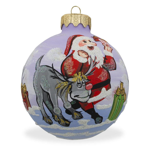 Jolly Journey: Santa and Reindeer Delivering Presents Blown Glass Ball Christmas Ornament 3.25 Inches in Multi color, Round shape