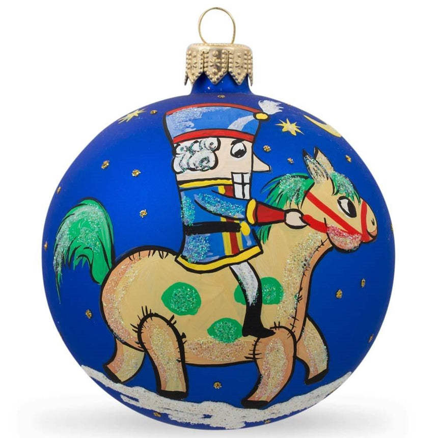 Royal Cavalry: Nutcracker on Horseback Glass Ball Christmas Ornament 3.25 Inches in Blue color Round