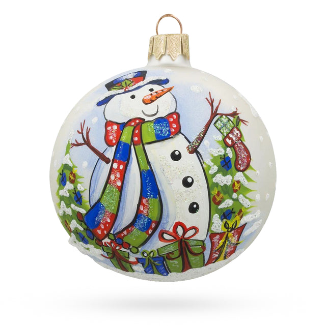 Glass Festive Harmony: Snowman with Christmas Tree and Gifts Blown Glass Ball Ornament 3.25 Inches in Multi color Round