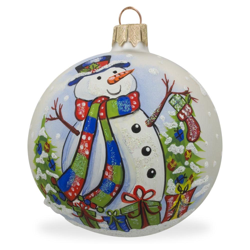 Festive Harmony: Snowman with Christmas Tree and Gifts Blown Glass Ball Ornament 3.25 Inches in Multi color, Round shape