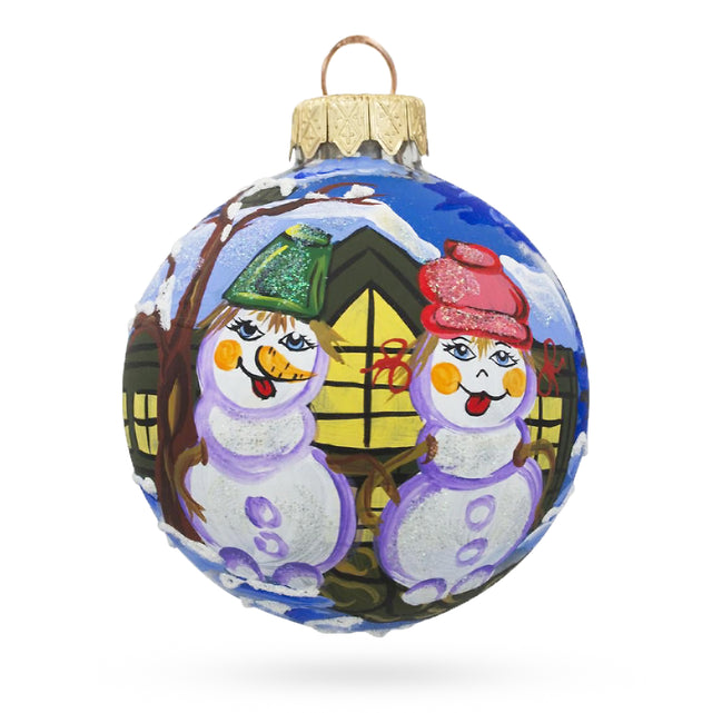 Glass Snowy Romance: Snowman Couple Blown Glass Ball Christmas Ornament 3.25 Inches in Multi color Round