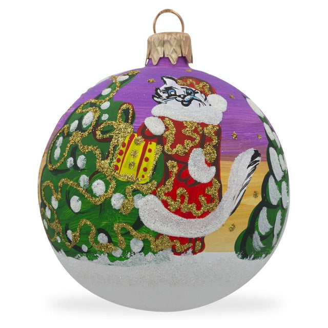 Mischievous Kitty: Cat Leaving Holiday Gifts Blown Glass Ball Christmas Ornament 3.25 Inches in Multi color, Round shape