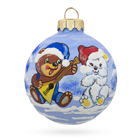 Bear with Balalaika and Santa Hat Blown Glass Ball Christmas Ornament 3.25 Inches in Blue color, Round shape