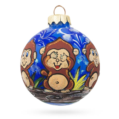 Symbolic Trio: 3 Wise Monkeys - No See, No Hear, No Speak Blown Glass Ball Christmas Ornament 3.25 Inches in Blue color, Round shape