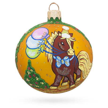 Glass Whimsical Horse with Floating Balloons Blown Glass Ball Christmas Ornament 3.25 Inches in Orange color Round