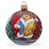 Musical Hedgehog Serenading with Cello Blown Glass Ball Christmas Ornament 3.25 Inches in Red color, Round shape
