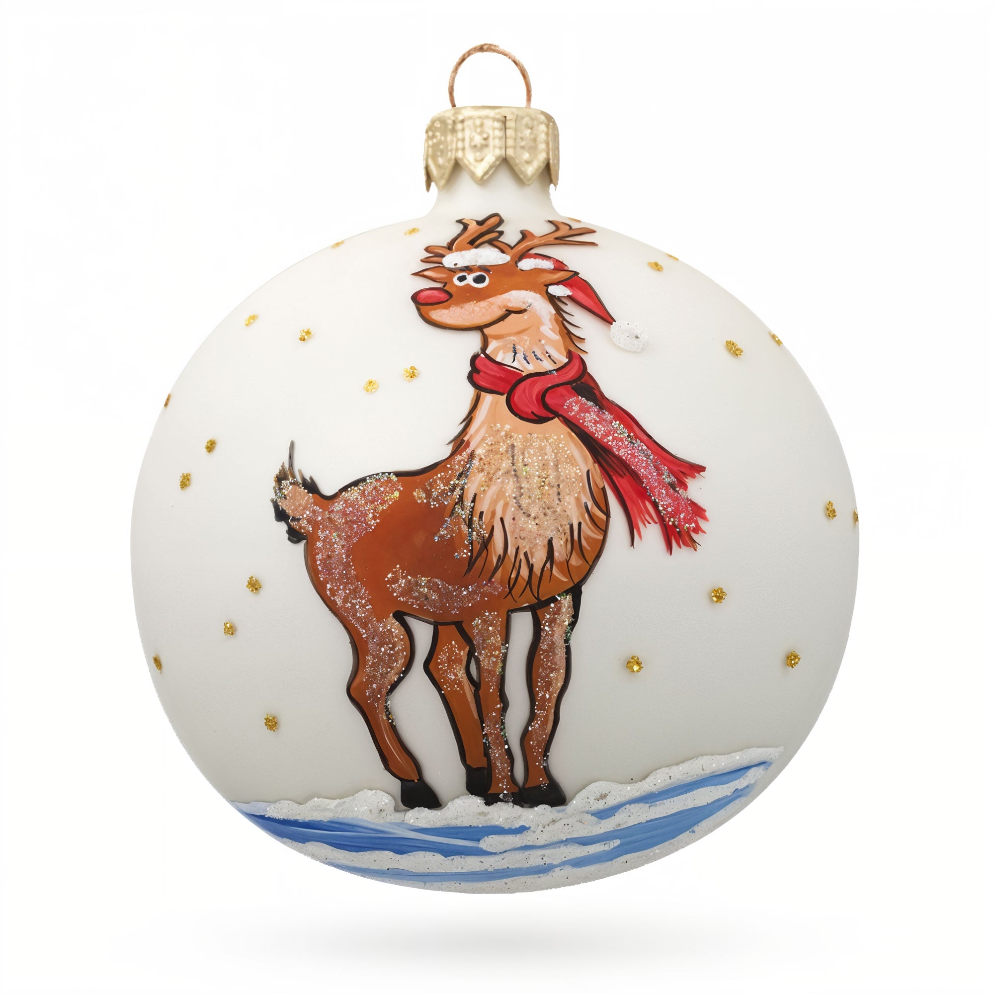 Shimmering Rudolf the Red-Nosed Reindeer Glass Ball Christmas Ornament 3.25 Inches in White color Round