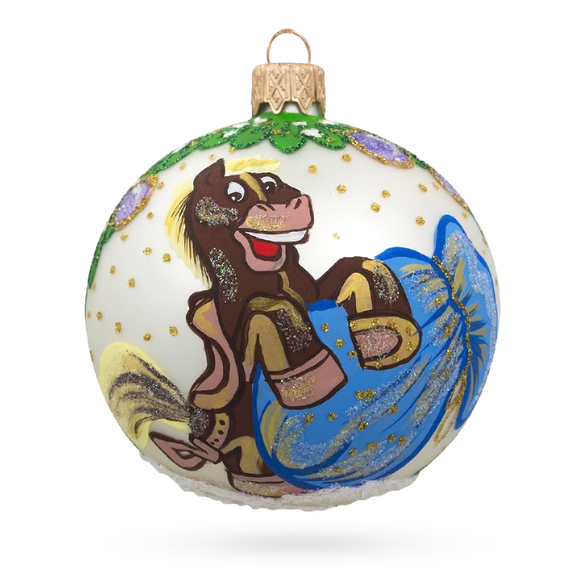 Festive Horse with Dangling Ornaments Glass Ball Christmas Ornament 3.25 Inches in Multi color Round