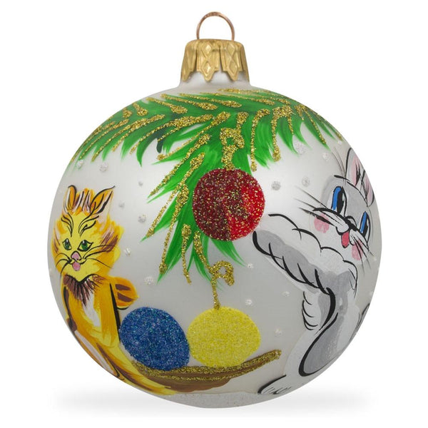 Festive Friends: Bunny and Cat Decorating Together Blown Glass Ball Christmas Ornament 3.25 Inches in White color, Round shape