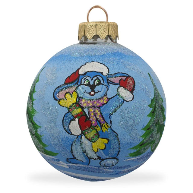 Sugar-Coated Delight: Bunny with Candy Blown Glass Ball Christmas Ornament 3.25 Inches in Blue color, Round shape