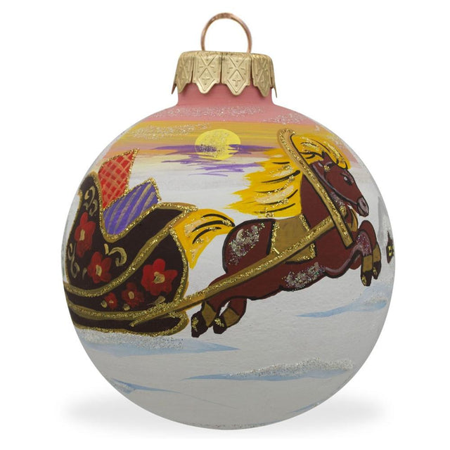 Holiday Voyage: Horse-Drawn Sled Laden with Gifts Blown Glass Ball Christmas Ornament 3.25 Inches in Multi color, Round shape