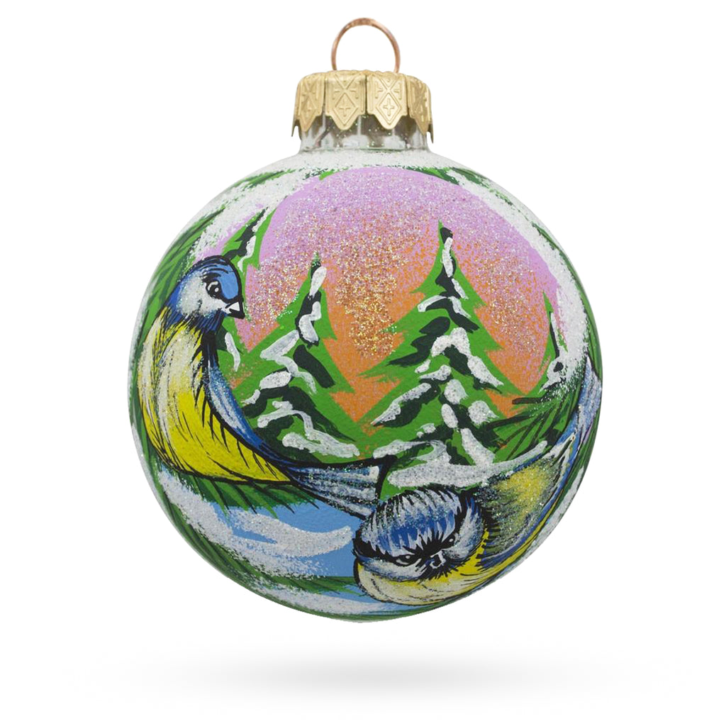 Twin Blue Birds Glass Ball Christmas Ornament 3.25 Inches in Multi color Round