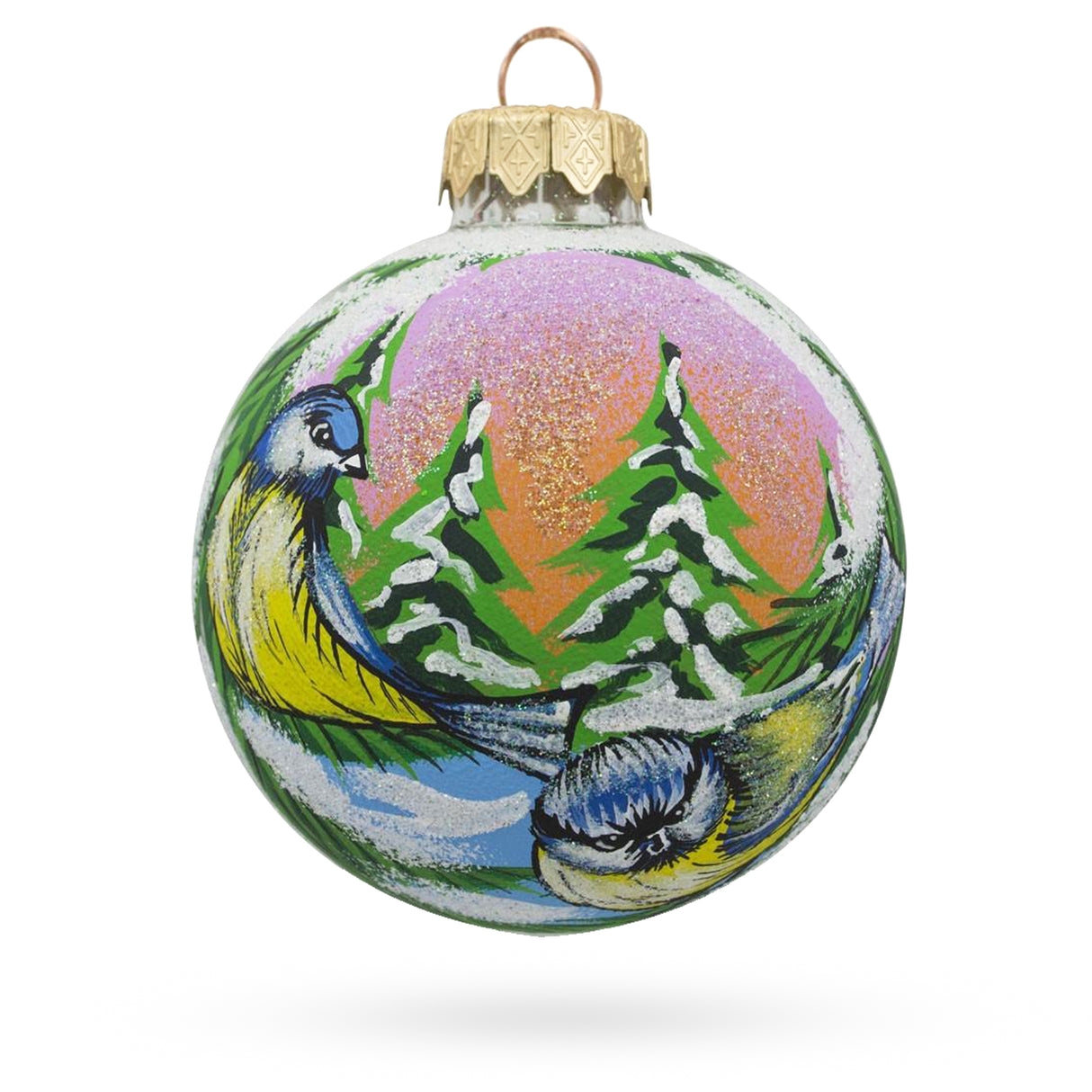 Glass Chirping Duo: Twin Blue Birds Blown Glass Ball Christmas Ornament 3.25 Inches in Multi color Round