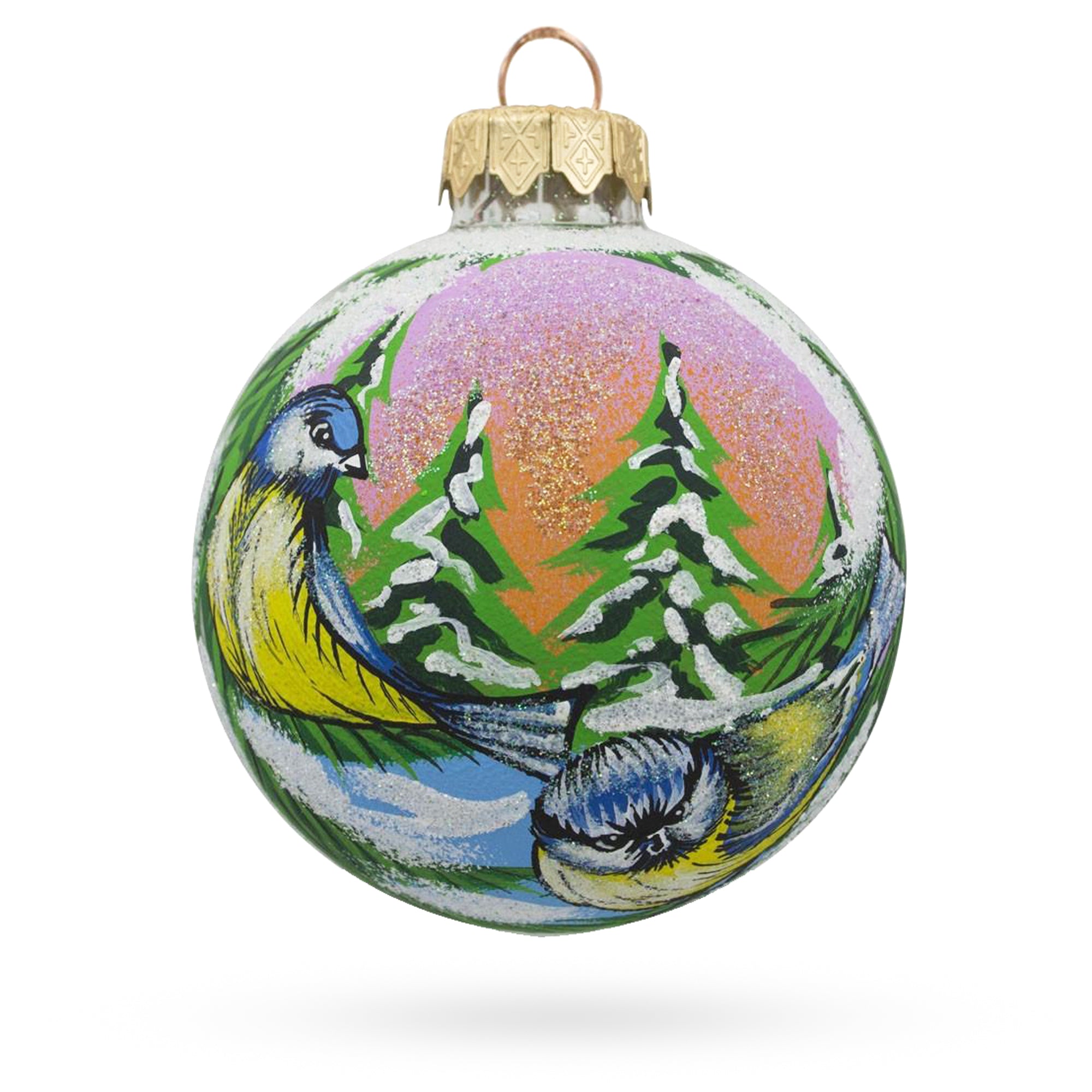 Twin Blue Birds Glass Ball Christmas Ornament 3.25 Inches in Multi color Round